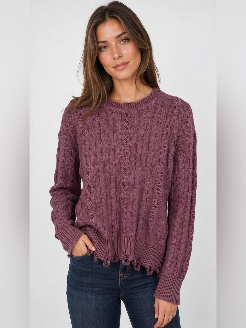CHARLIE B Foiled/Metallic Mauve Cable Knit Crewneck Sweater